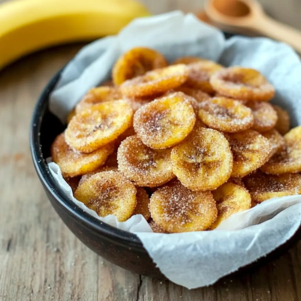 Golden, cinnamon-dusted Air Fryer Banana Chips piled on parchment, crisp and ready to eat — a tasty Healthy Snacks Teenagers will reach for.