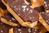 Greek Yogurt Bark on parchment, broken into rustic pieces with peanut-butter swirls, a dark chocolate topping, and a sprinkle of flaky sea salt — a portable Peanut Butter Chocolate Snack.
