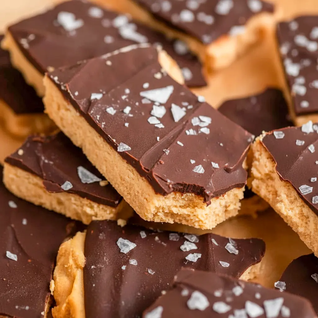 Greek Yogurt Bark on parchment, broken into rustic pieces with peanut-butter swirls, a dark chocolate topping, and a sprinkle of flaky sea salt — a portable Peanut Butter Chocolate Snack.