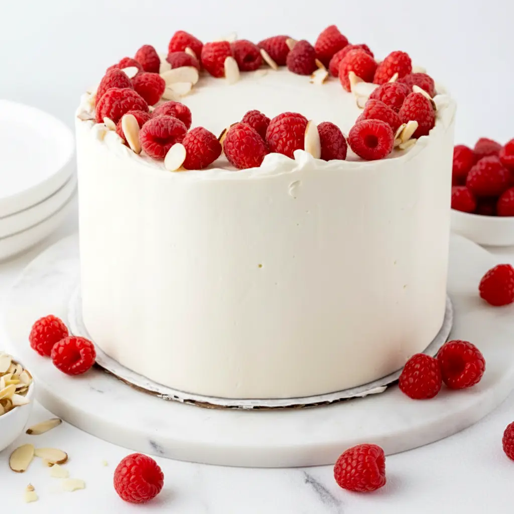 Raspberry Almond Cake with white almond cake layers, raspberry filling, creamy frosting, fresh raspberries, and slivered almonds on top.