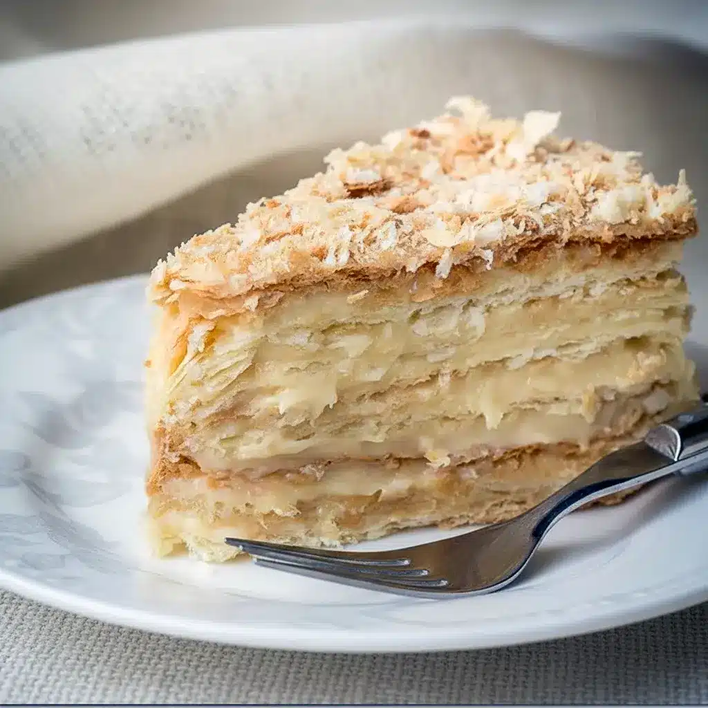 Russian Napoleon Cake slice with thin flaky pastry layers, rich custard filling, and a crumb-coated top on a serving plate.