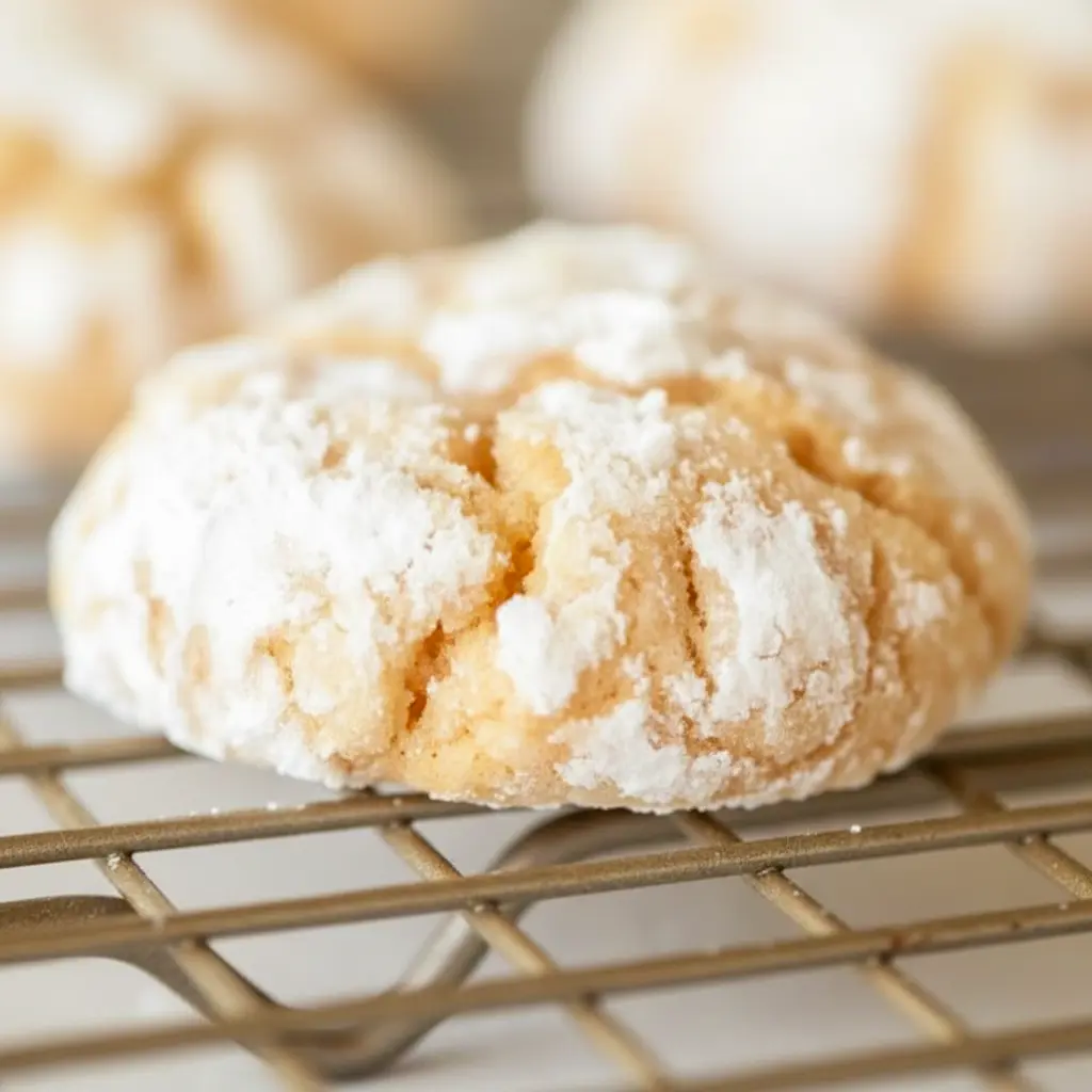 A stack of Pumpkin Butter Cookies coated in powdered sugar, showing a soft, thick, gooey texture for a cozy fall dessert.