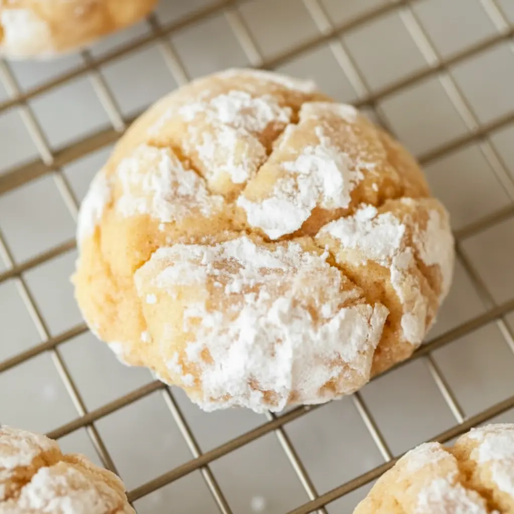 A stack of Pumpkin Butter Cookies coated in powdered sugar, showing a soft, thick, gooey texture for a cozy fall dessert.