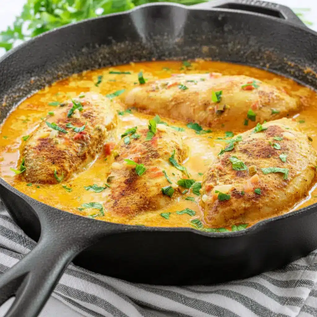 Close-up of Spicy Brazilian Coconut Chicken in creamy coconut-chili sauce with lime and cilantro, served over steamed rice.