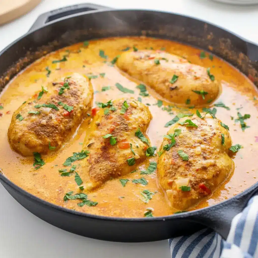 Close-up of Spicy Brazilian Coconut Chicken in creamy coconut-chili sauce with lime and cilantro, served over steamed rice.