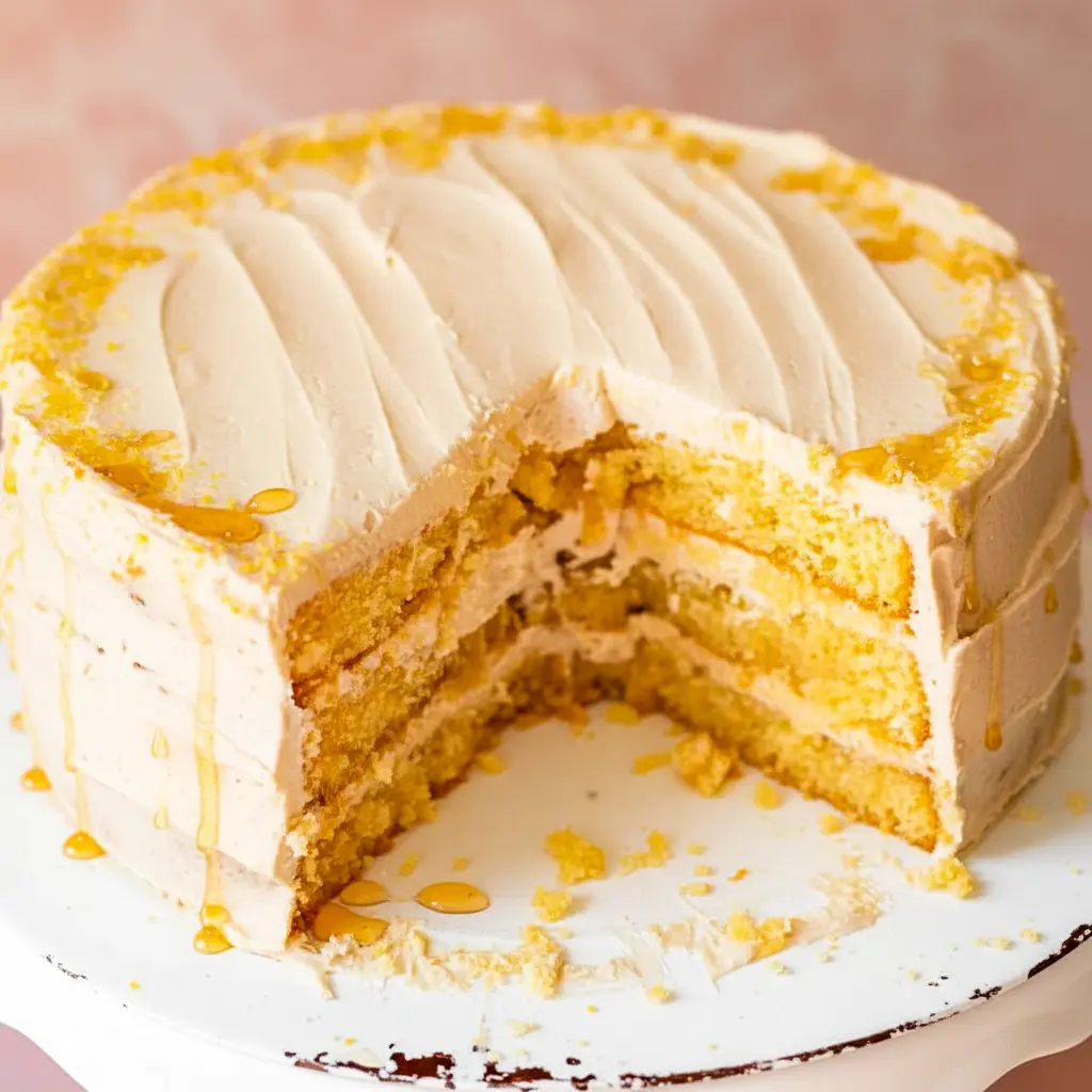 Close-up of a slice of Cornbread Cake layered with whipped honey buttercream, golden cornmeal crumb, and a honey drizzle — a rustic Cornbread Layer Cake that reads like a Cake Like Cornbread Recipe.