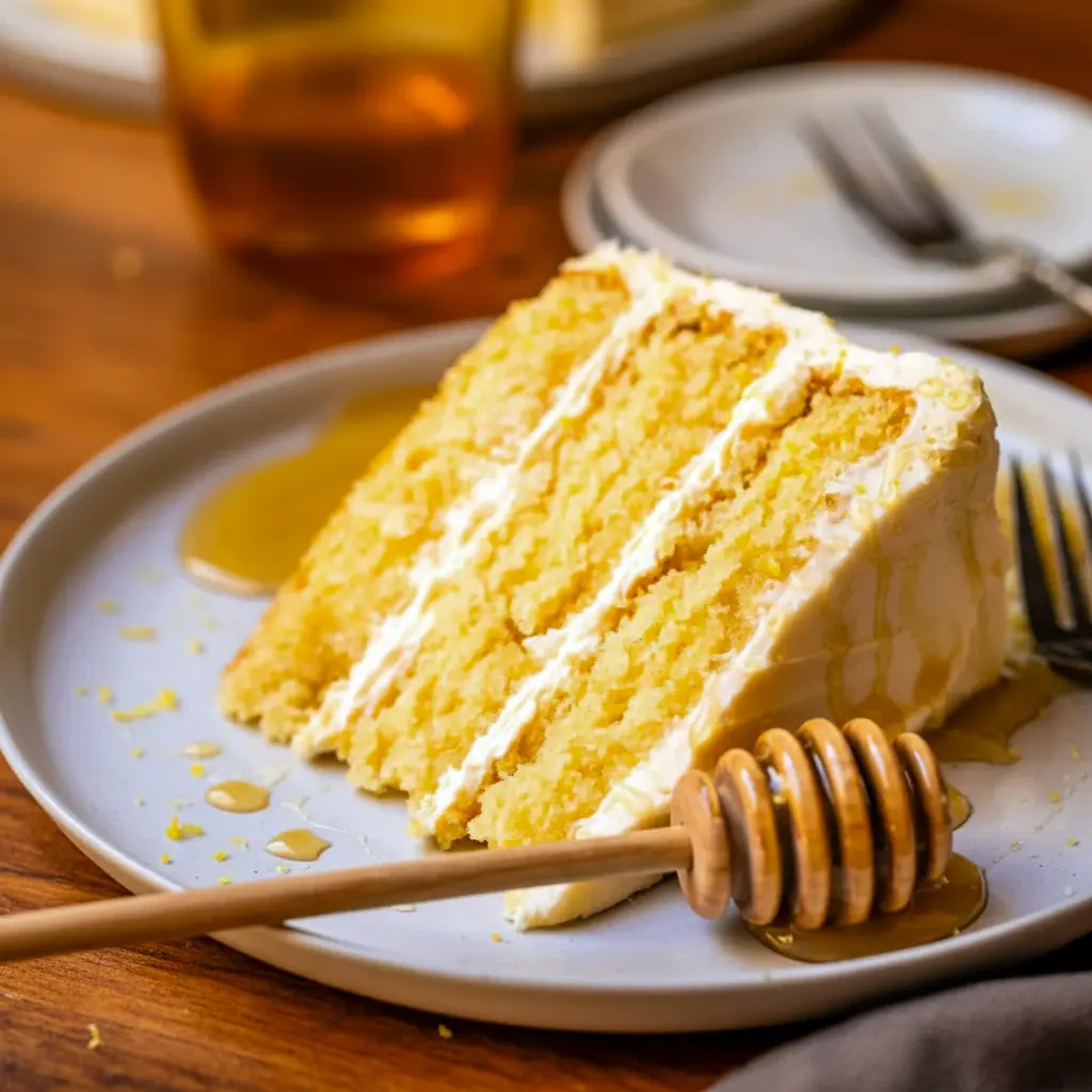 Close-up of a slice of Cornbread Cake layered with whipped honey buttercream, golden cornmeal crumb, and a honey drizzle — a rustic Cornbread Layer Cake that reads like a Cake Like Cornbread Recipe.