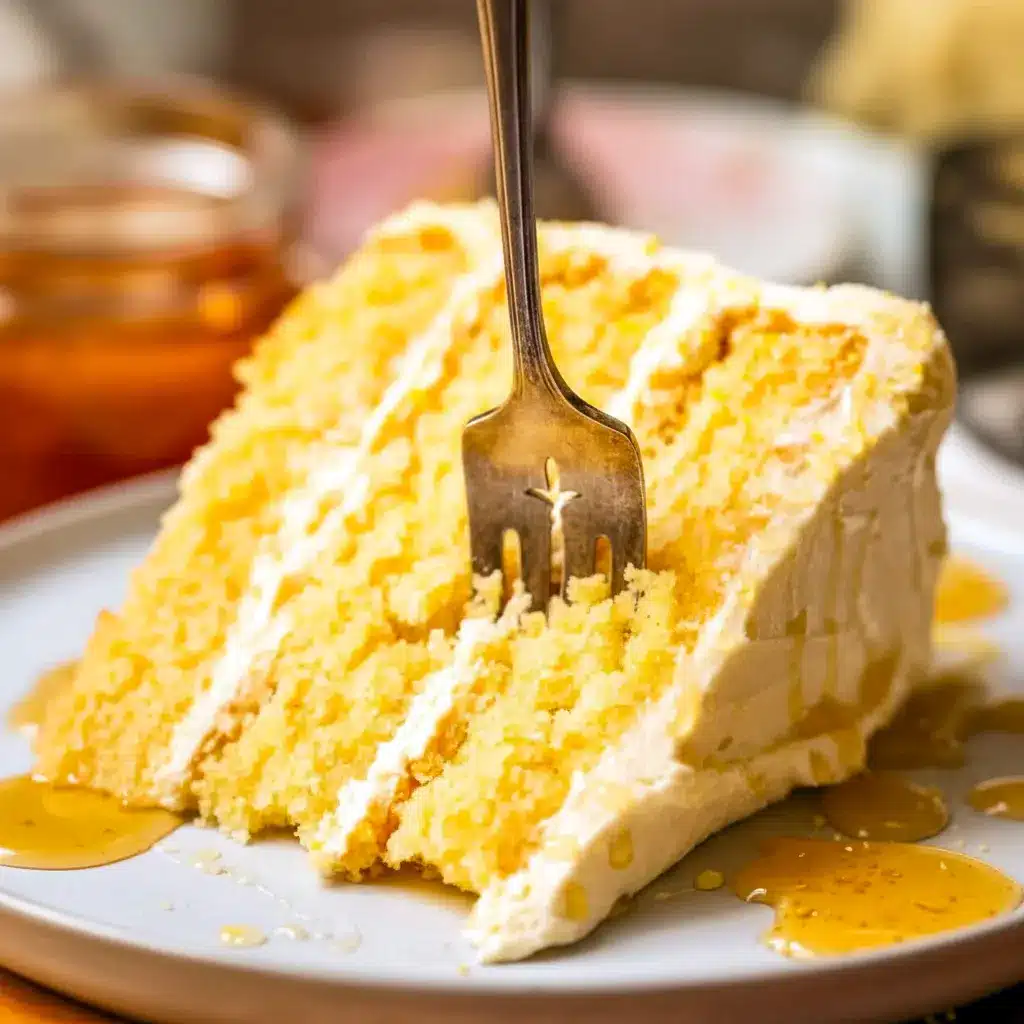 Close-up of a slice of Cornbread Cake layered with whipped honey buttercream, golden cornmeal crumb, and a honey drizzle — a rustic Cornbread Layer Cake that reads like a Cake Like Cornbread Recipe.