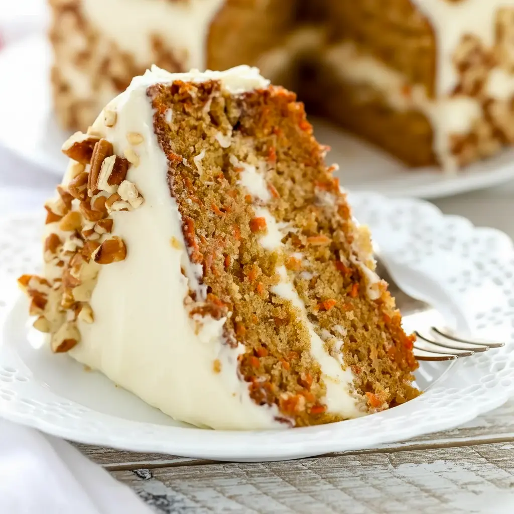 A beautifully layered Carrot Cake Recipe with fluffy Cream Cheese Frosting, featuring a thick slice that shows its tender crumb and rich texture. This Super Moist Carrot Cake is decorated with smooth frosting and simple carrot garnish, making it the perfect Easter Dessert or classic homemade cake for celebrations.