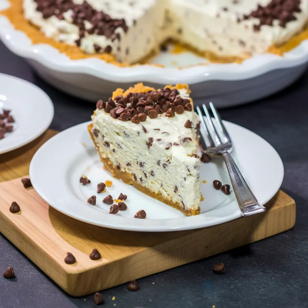Cannoli Pie — close-up of a slice showing creamy mascarpone-ricotta filling studded with mini chocolate chips on a golden vanilla-wafer crust, dusted with powdered sugar.