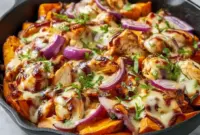 BBQ Chicken Sweet Potato Skillet in a hearty skillet meal with tender sweet potatoes and chicken, making it one of the best Easy Meals That Last A Week.