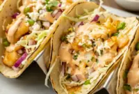 A plate of Fish Tacos topped with cabbage, cilantro, and a drizzle of Fish Taco Sauce, styled as a bright and flavorful weeknight meal.