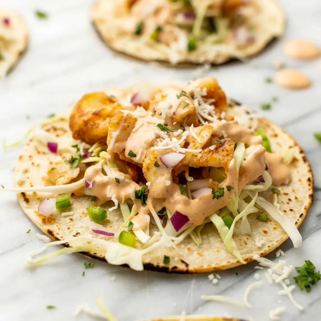 A plate of Fish Tacos topped with cabbage, cilantro, and a drizzle of Fish Taco Sauce, styled as a bright and flavorful weeknight meal.