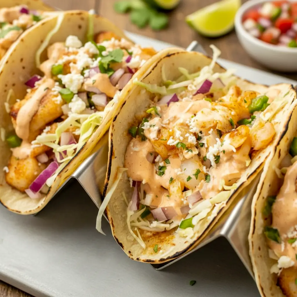 A plate of Fish Tacos topped with cabbage, cilantro, and a drizzle of Fish Taco Sauce, styled as a bright and flavorful weeknight meal.