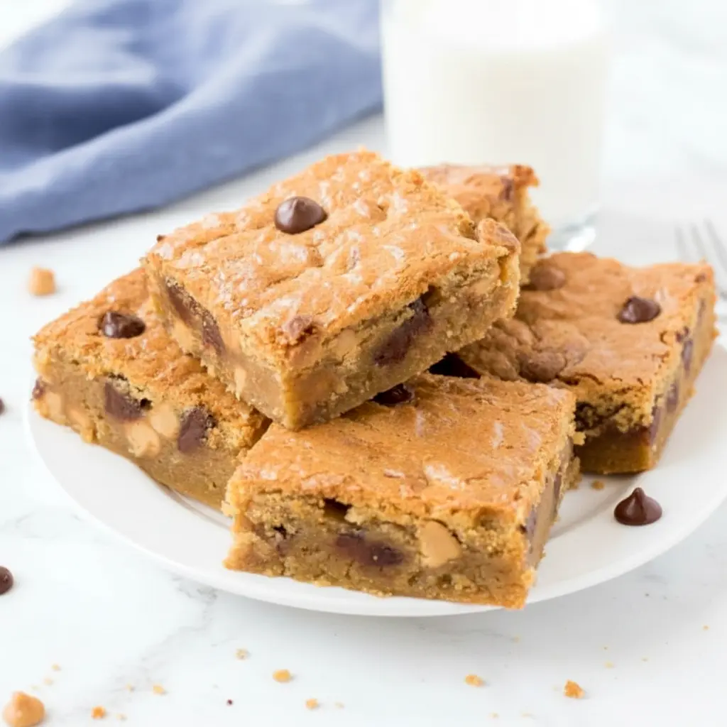 Thick square Peanut Butter Blondies cut on a serving board, styled as a gooey Peanut Butter Blondie dessert with a dense, fudgy texture and colorful Reese’s Pieces.