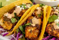 A platter of Blackened Fish Tacos with dark spice-crusted fish, shredded cabbage, lime wedges, and creamy sauce, styled as one of the best Easy Seafood Taco Recipes.