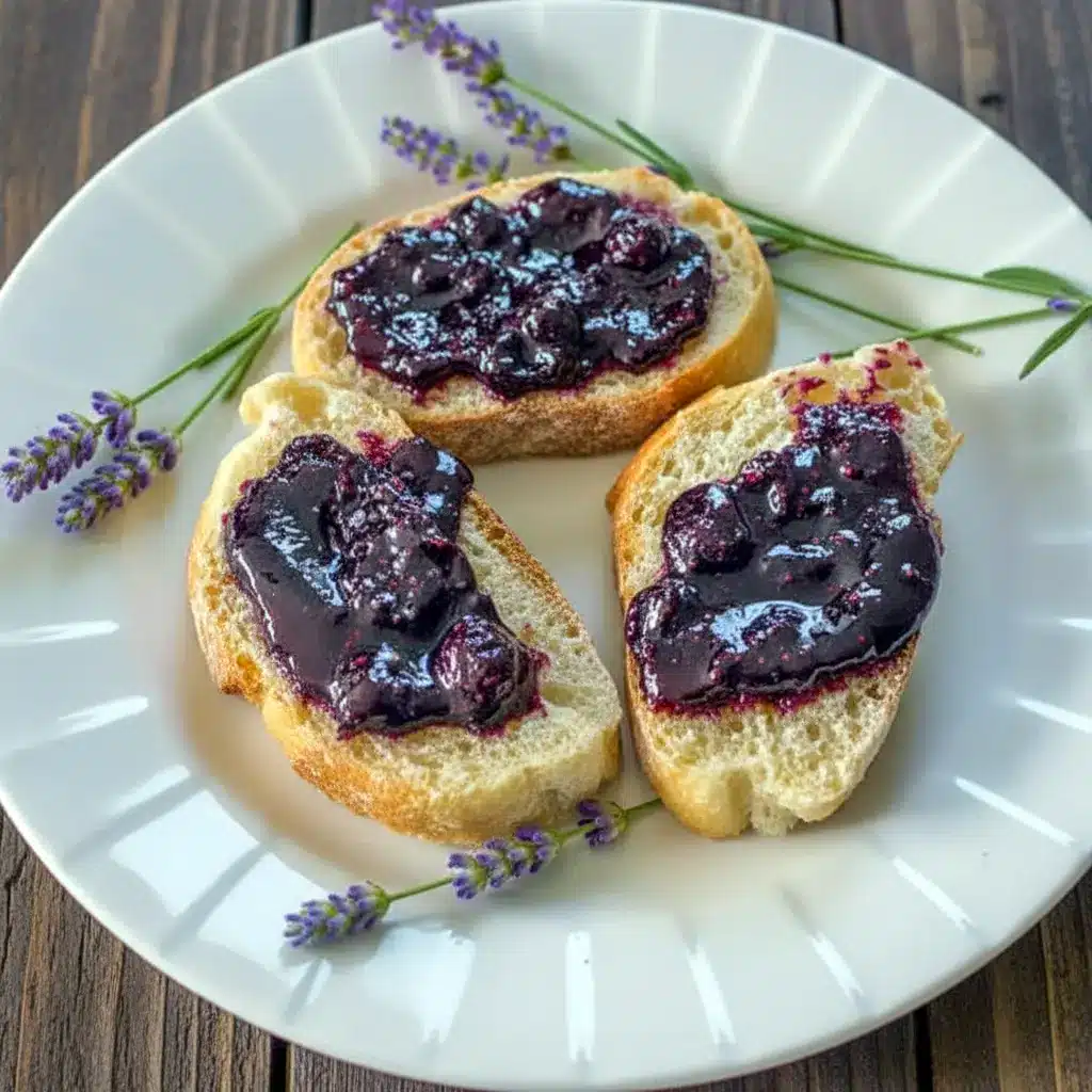 A close-up of Blueberry & Lavender Jam in a pantry-style jar, presented as an All Natural Blueberry Jam with a homemade rustic feel.