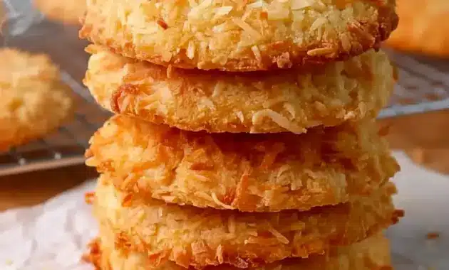 Chewy Coconut Cookies on a parchment-lined tray with Recipes With Sweetened Coconut styling, golden edges, and a soft coconut texture.