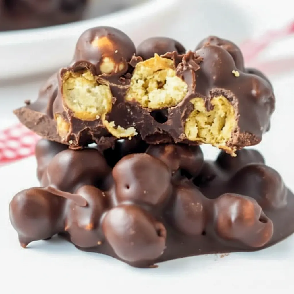 Chocolate Chickpeas in bite-sized clusters coated with dark chocolate, showing a crunchy Sweet Chickpeas Snack and an easy Chocolate Chickpea Clusters dessert.