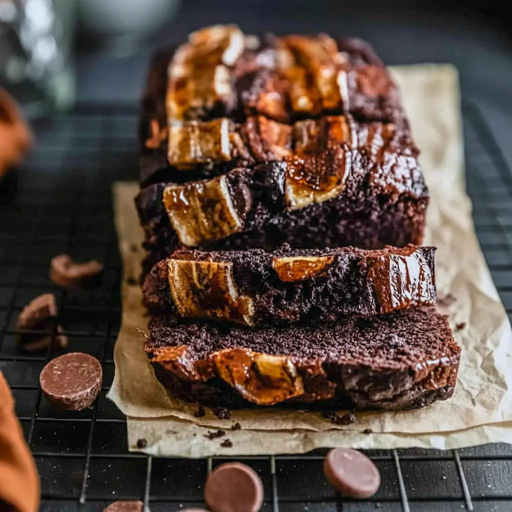 A slice of Chocolate Espresso Banana Bread with melted chocolate chips and a soft, rich crumb, shown as a decadent Bread Recipes Sweet treat on a plate.