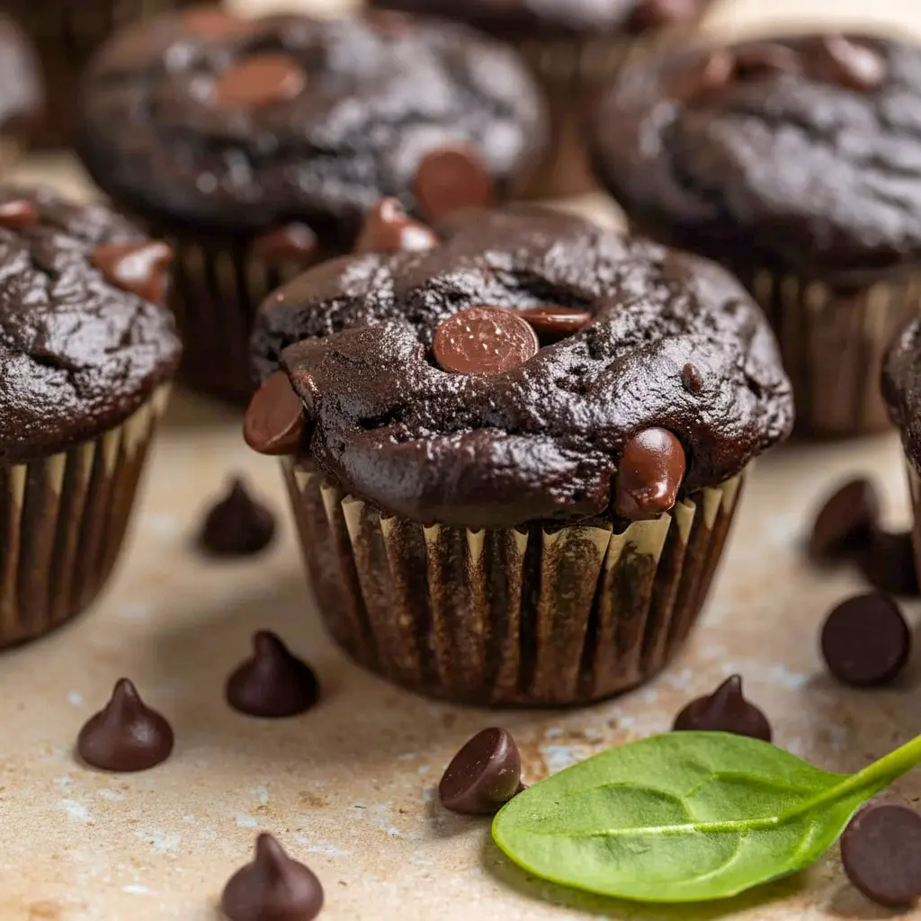 Chocolate Spinach Muffins arranged on a plate, rich and moist with a soft chocolate crumb and a hidden veggie twist.