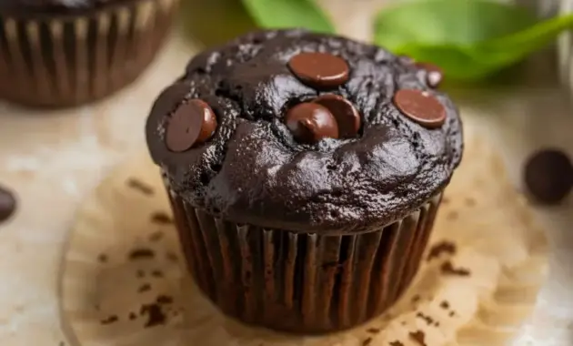 Chocolate Spinach Muffins arranged on a plate, rich and moist with a soft chocolate crumb and a hidden veggie twist.