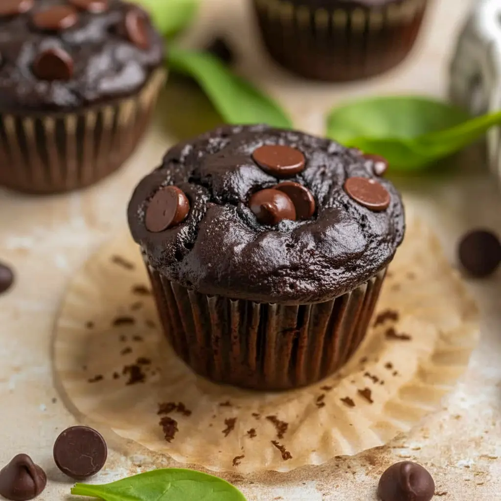 Chocolate Spinach Muffins arranged on a plate, rich and moist with a soft chocolate crumb and a hidden veggie twist.