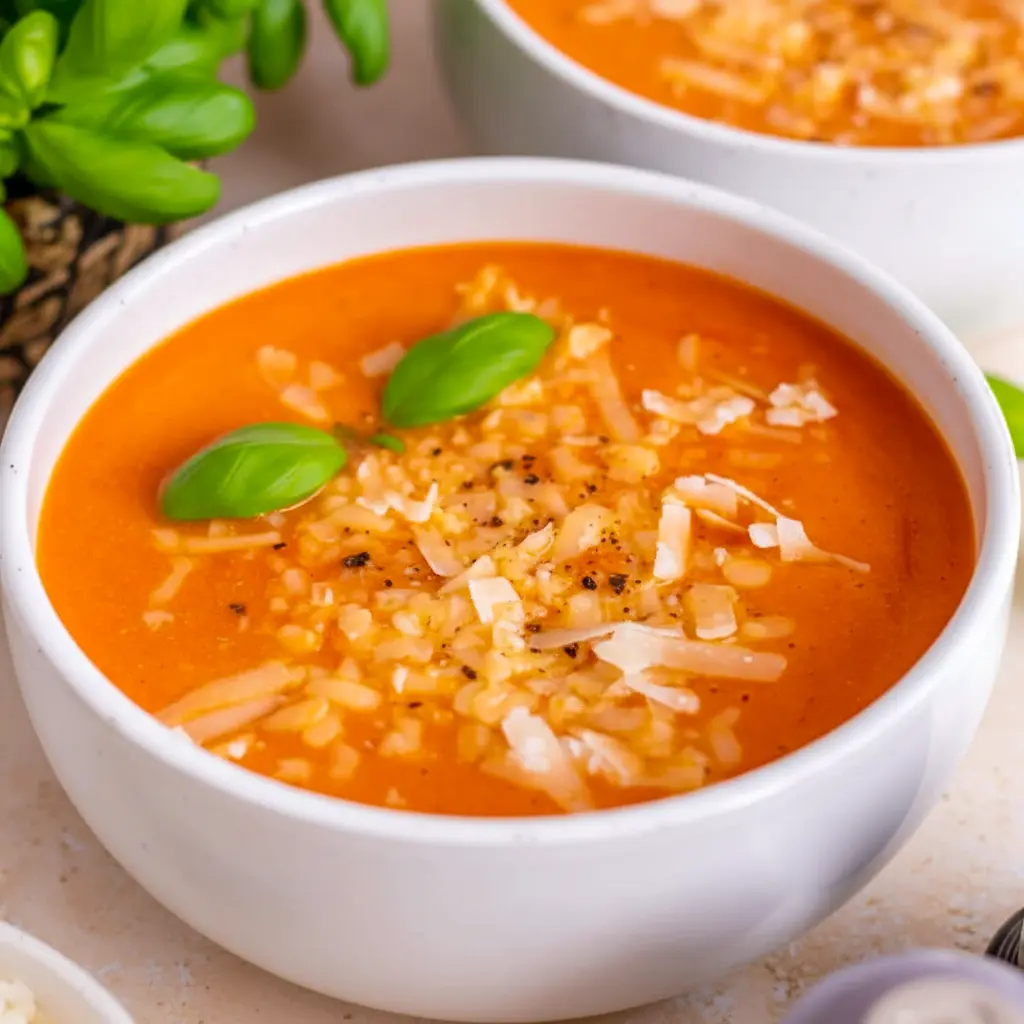 A finished bowl of High Protein Tomato Soup with fresh basil and pepper, a delicious take on Best Homemade Soup Recipes.
