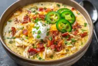 Creamy bowl of Jalapeño Popper Chicken Soup topped with bacon, cheddar, and green onions for Soup Recipes Family dinners.