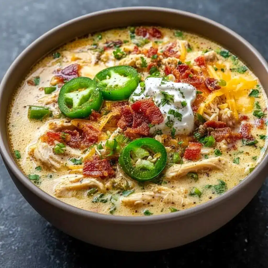 Rich and cheesy Jalapeño Popper Chicken Soup served in a white bowl, styled like one of the Best Ever Soup Recipes with crispy bacon on top.