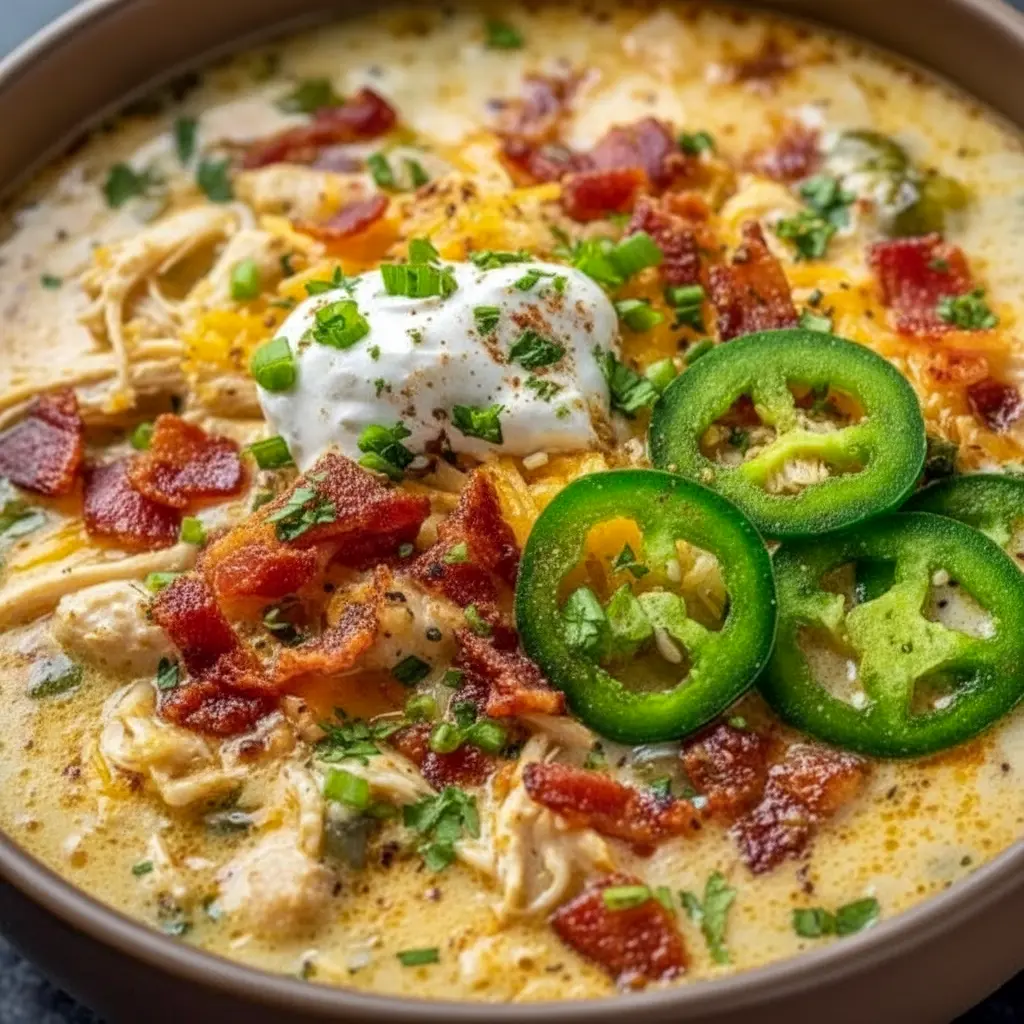 Homemade Jalapeño Popper Chicken Soup in a rustic bowl with crunchy toppings, a cozy pick for Jalapeno Dinner Recipes and weeknight comfort.