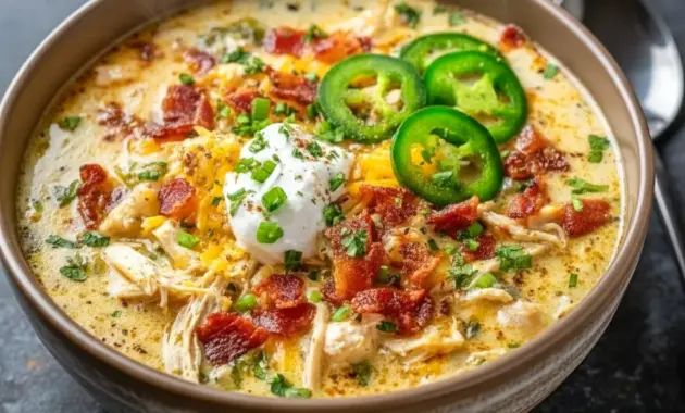 Creamy bowl of Jalapeño Popper Chicken Soup topped with bacon, cheddar, and green onions for Soup Recipes Family dinners.