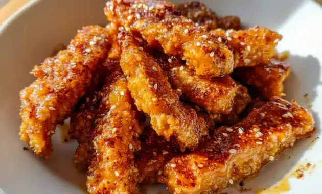 A plate of Honey Mustard Tofu Tenders with a crispy golden coating, styled as one of the best Different Tofu Recipes for an easy plant-based meal.
