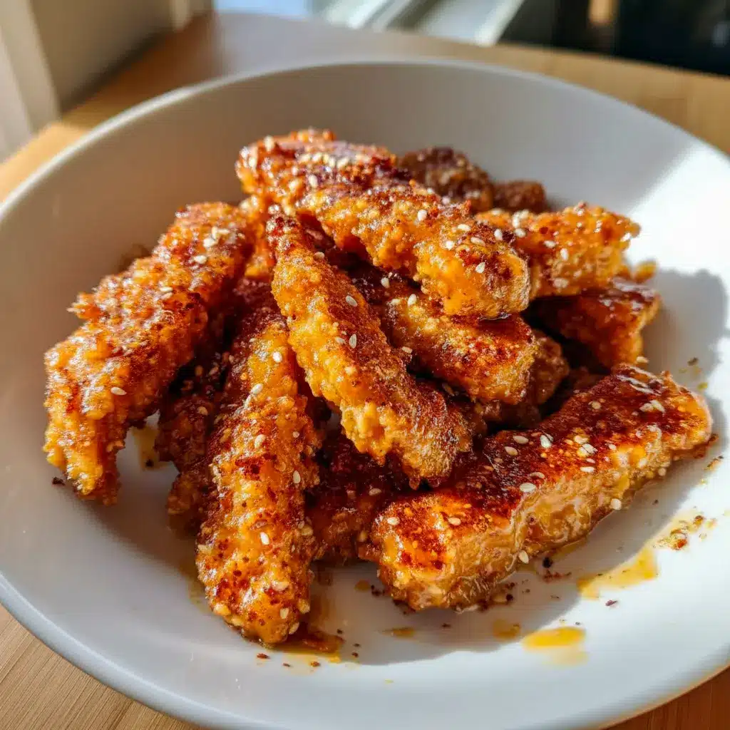A plate of Honey Mustard Tofu Tenders with a crispy golden coating, styled as one of the best Different Tofu Recipes for an easy plant-based meal.