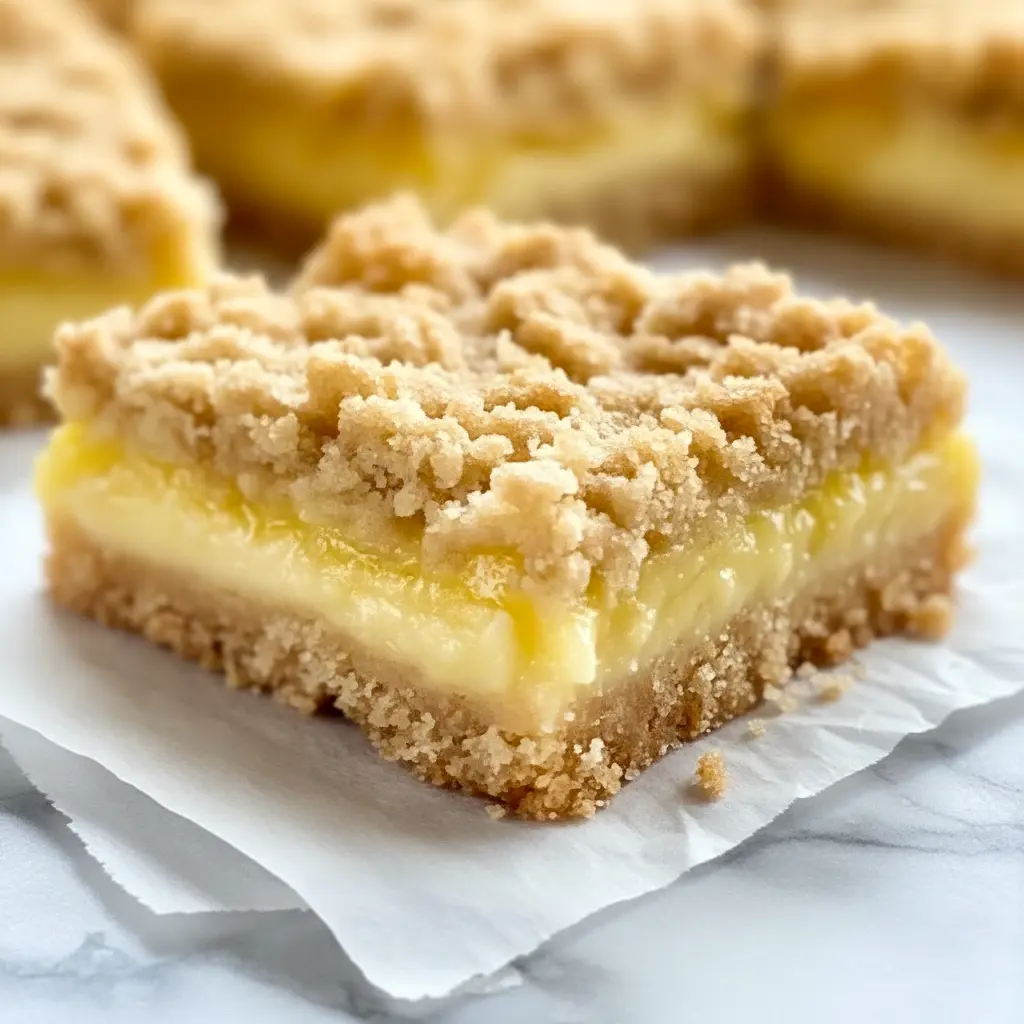 Lemon Crumb Bars with a buttery crumb topping, creamy lemon filling, and a light powdered sugar finish on a serving tray.