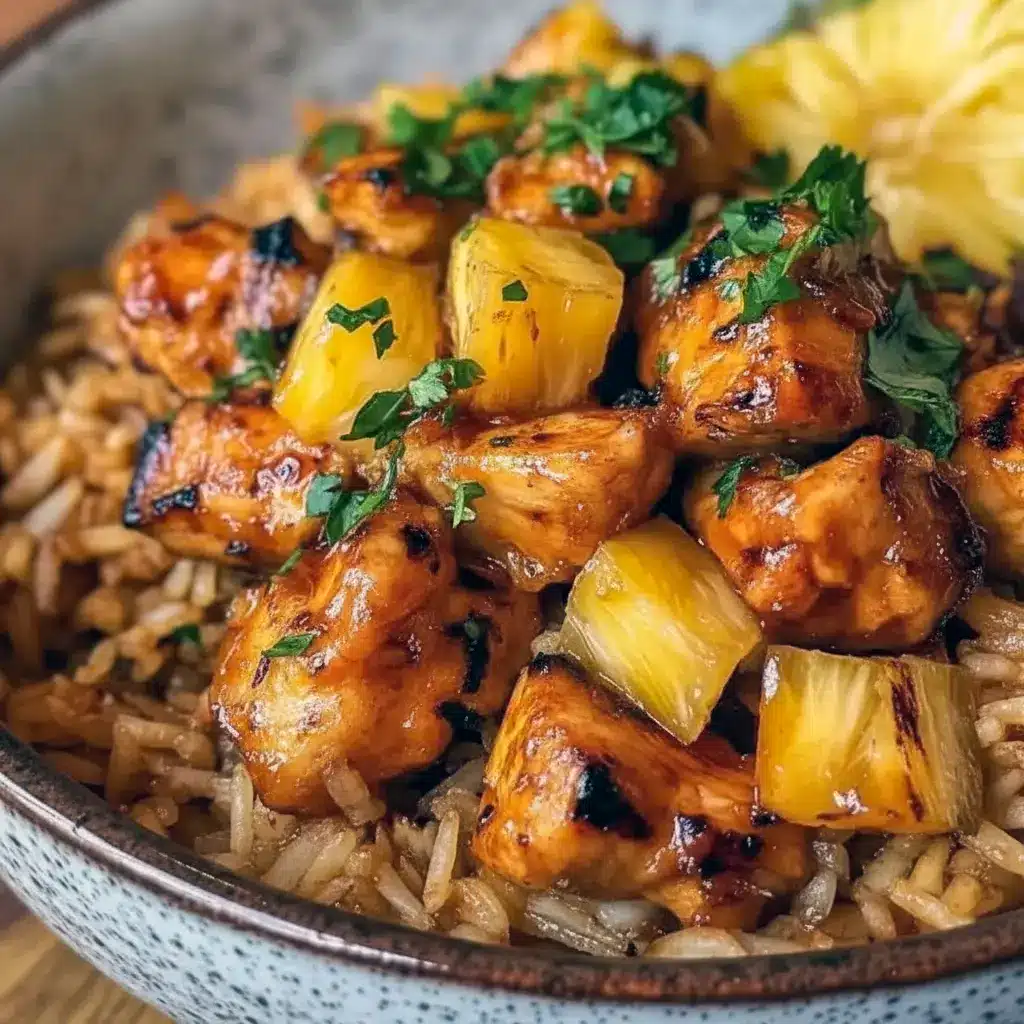 Pineapple Chicken and Rice in a bright serving bowl with Hawaiian Chicken And Rice style sweet-and-savory glaze, pineapple chunks, and green onion garnish.