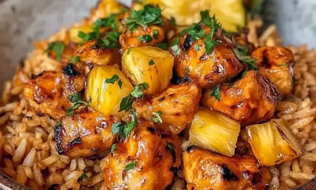 Pineapple Chicken and Rice served in a cozy bowl with Dinner With Pineapple flavors, golden chicken, and glossy sauce over fluffy rice.