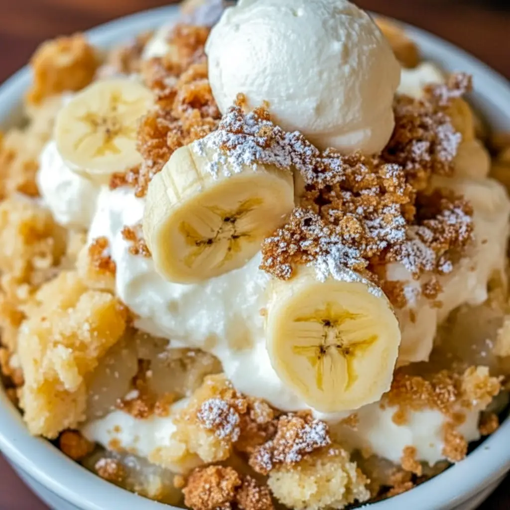 Southern Banana Cobbler topped with a golden pecan streusel, served warm as an Easy Dessert With Fresh Bananas.