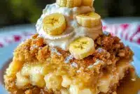 Southern Banana Cobbler topped with a golden pecan streusel, served warm as an Easy Dessert With Fresh Bananas.