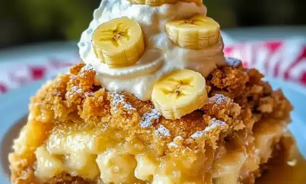 Southern Banana Cobbler topped with a golden pecan streusel, served warm as an Easy Dessert With Fresh Bananas.