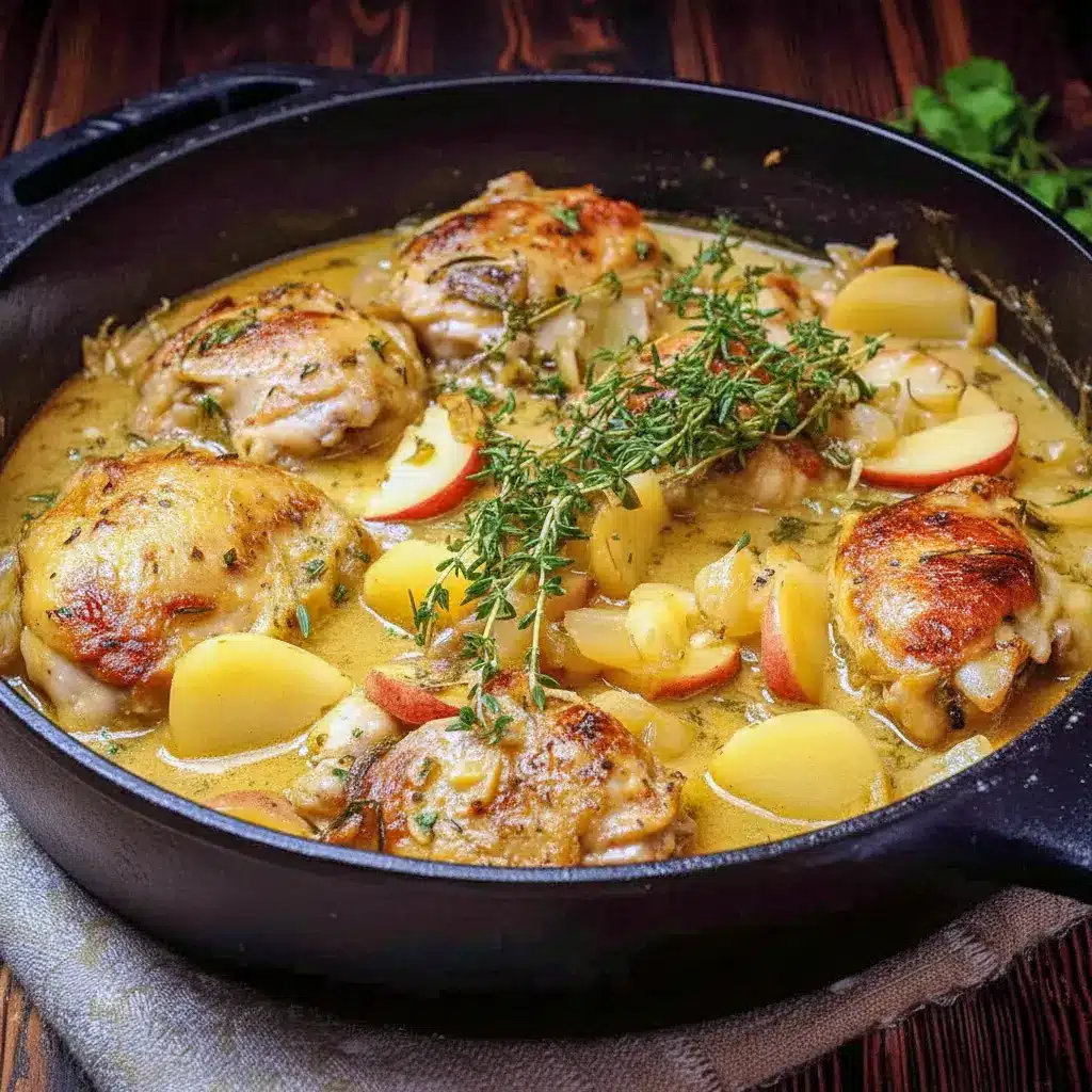 French Apple Cider Chicken served with a creamy pan sauce and golden chicken thighs, a beautiful example of classic Poultry Recipes.