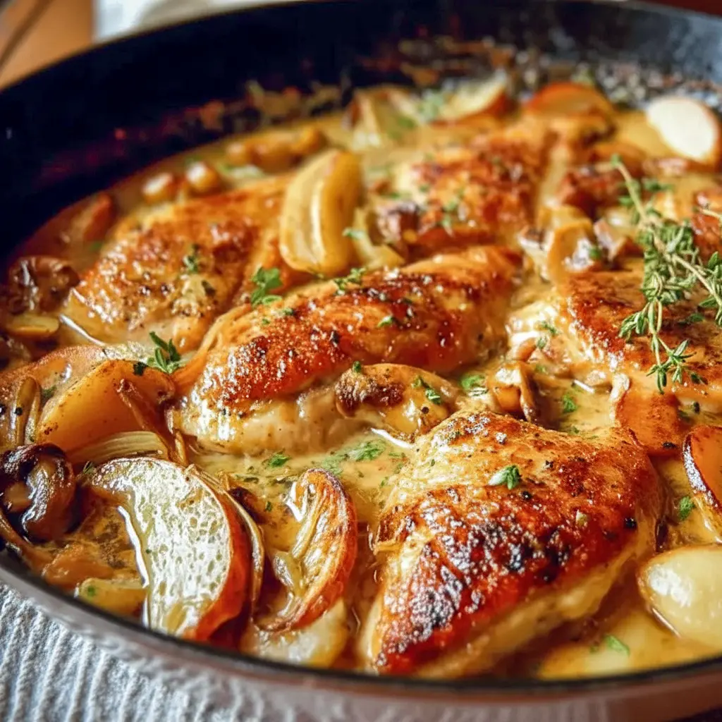 French Apple Cider Chicken in a warm skillet dinner with cider sauce, ideal for cozy Winter Food inspiration.