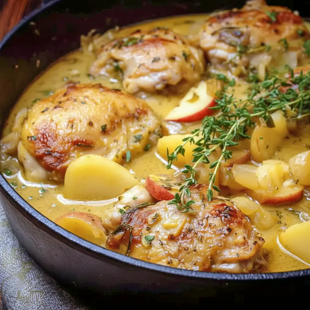 French Apple Cider Chicken plated with crusty bread and herbs, a comforting choice for your favorite Fall Recipes and Chicken Dinner Recipes boards.
