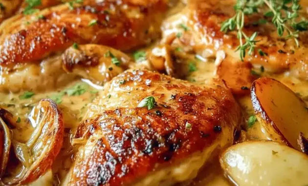 French Apple Cider Chicken in a rustic skillet with apples and herbs, inspired by French Cooking and cozy fall flavors.