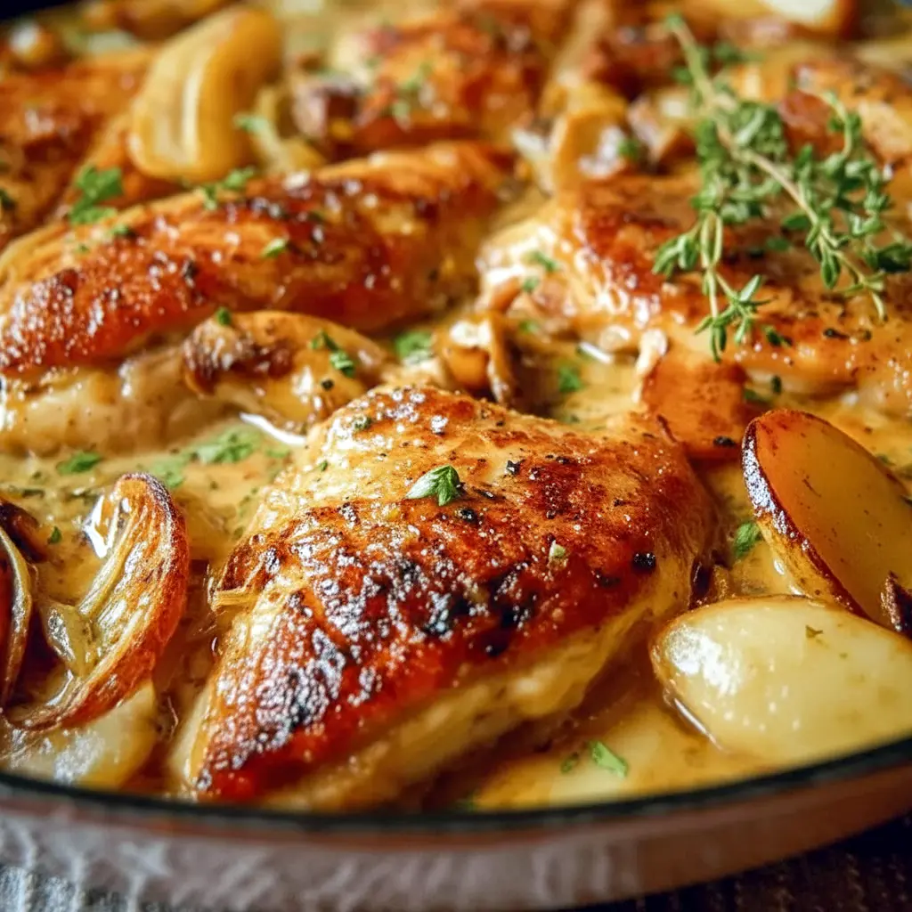 French Apple Cider Chicken in a rustic skillet with apples and herbs, inspired by French Cooking and cozy fall flavors.