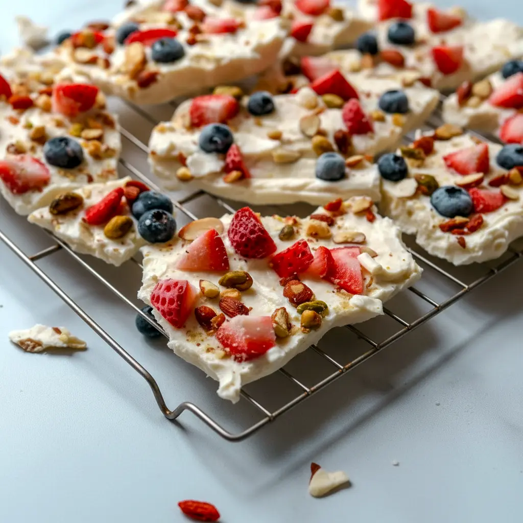 A sheet of Frozen Yogurt Bark topped with berries and nuts for a refreshing, crunchy, and colorful dessert.