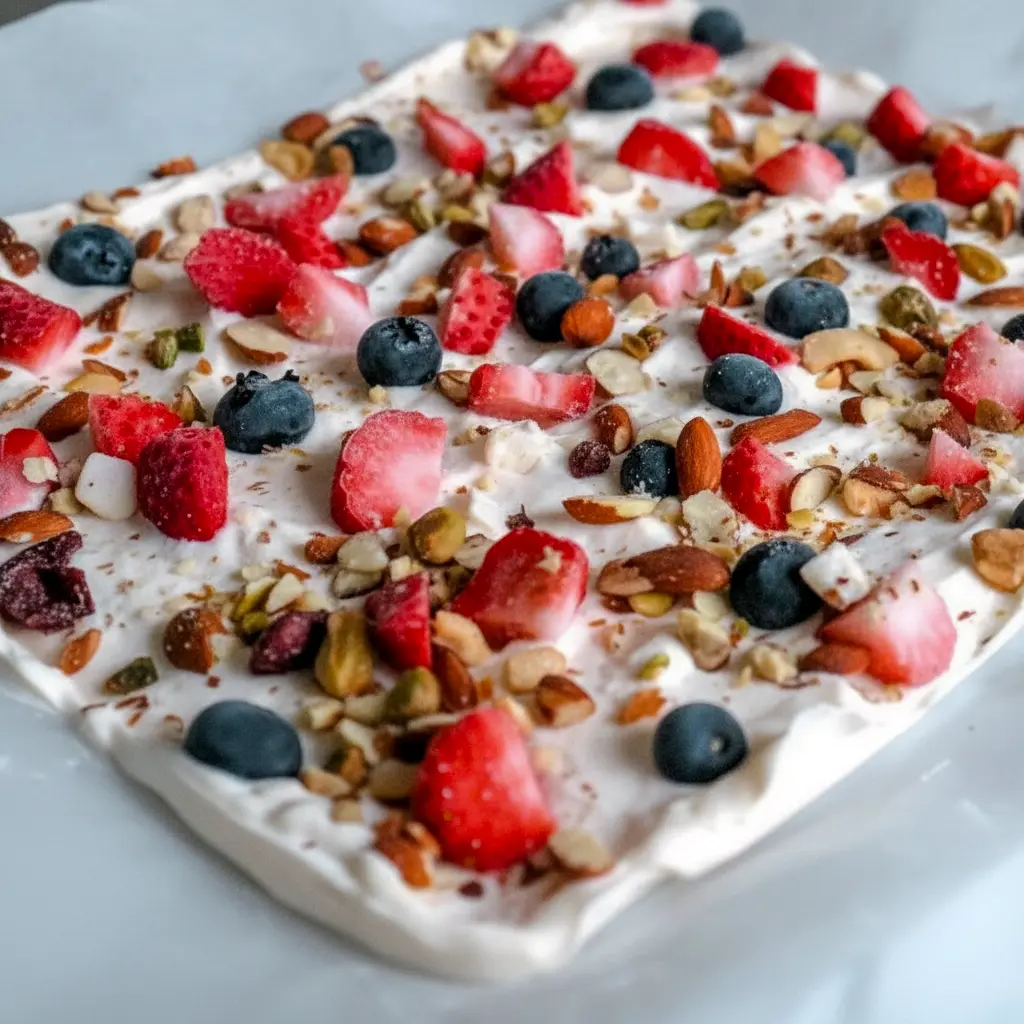 A sheet of Frozen Yogurt Bark topped with berries and nuts for a refreshing, crunchy, and colorful dessert.