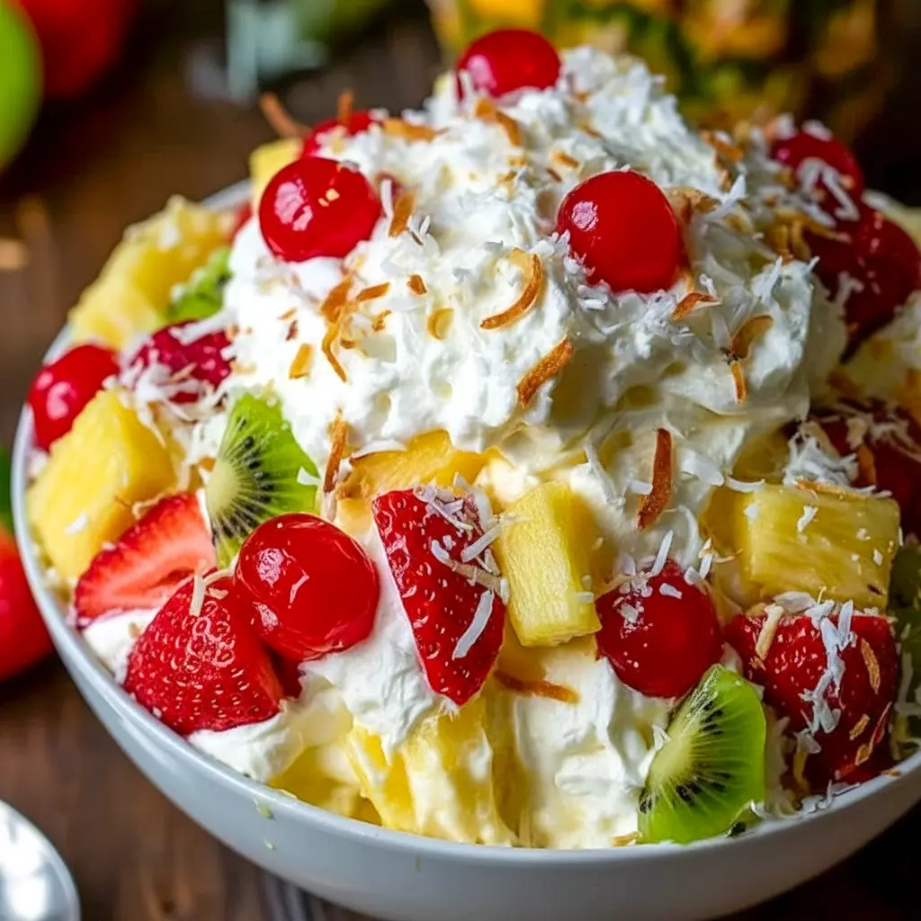 A bowl of Hawaiian Cheesecake Salad with pineapple, strawberries, kiwi, raspberries, and toasted coconut in a creamy cheesecake filling.