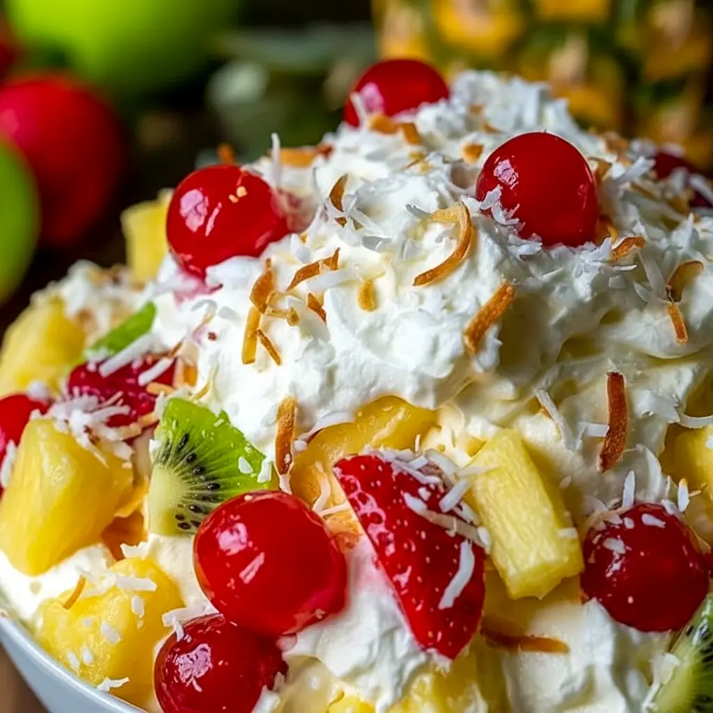 A bowl of Hawaiian Cheesecake Salad with pineapple, strawberries, kiwi, raspberries, and toasted coconut in a creamy cheesecake filling.