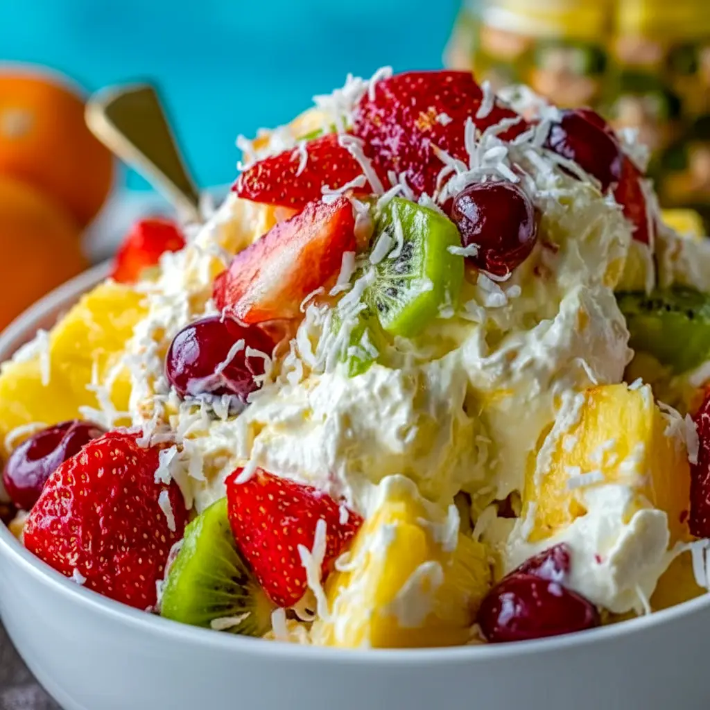 A bowl of Hawaiian Cheesecake Salad with pineapple, strawberries, kiwi, raspberries, and toasted coconut in a creamy cheesecake filling.
